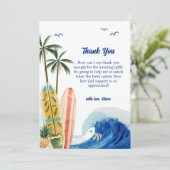 ブルーモダン海ウェーブサーフボードベビーシャワー サンキューカード (スタンド正面)