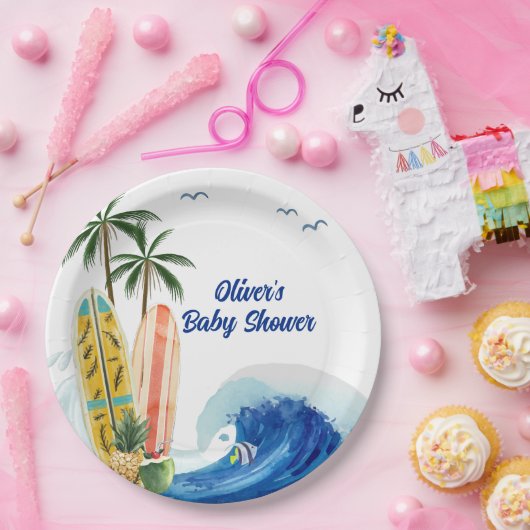 ブルーモダン海ウェーブサーフボードベビーシャワー ペーパープレート (パーティー)