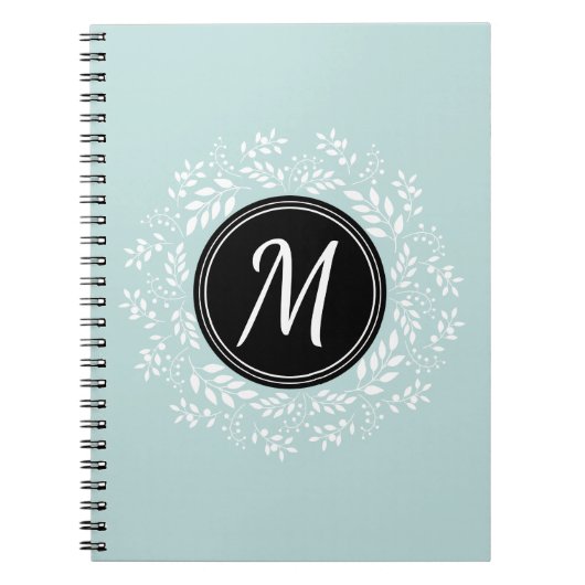 ブルーモダン淡い色のフローラリースモノグラム ノートブック (正面)
