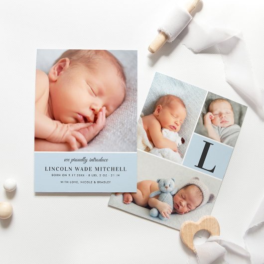 ブルーモダン淡い色の男の赤ちゃんフォトコラージュ誕生 案内状