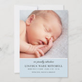 ブルーモダン淡い色の男の赤ちゃんフォトコラージュ誕生 案内状 (正面)