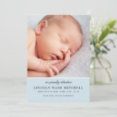 ブルーモダン淡い色の男の赤ちゃんフォトコラージュ誕生 案内状 (スタンド正面)