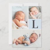 ブルーモダン淡い色の男の赤ちゃんフォトコラージュ誕生 案内状 (裏面)