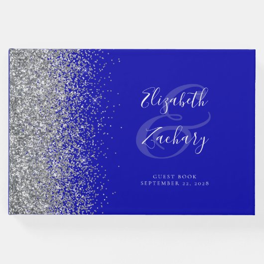 ブルーモダン王室のシルバーグリッタースクリプト ゲストブック (正面)