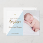 ブルーモダン男の赤ちゃんフォトバプテスマありがとう ポストカード (正面/裏面)