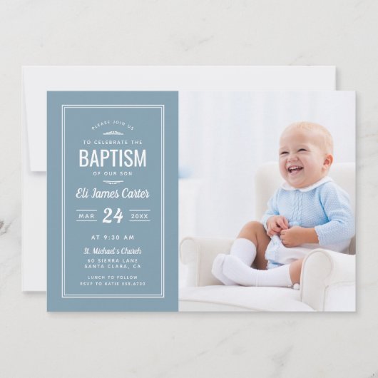 ブルーモダン男の赤ちゃんフォトバプテスマ 招待状 (正面)