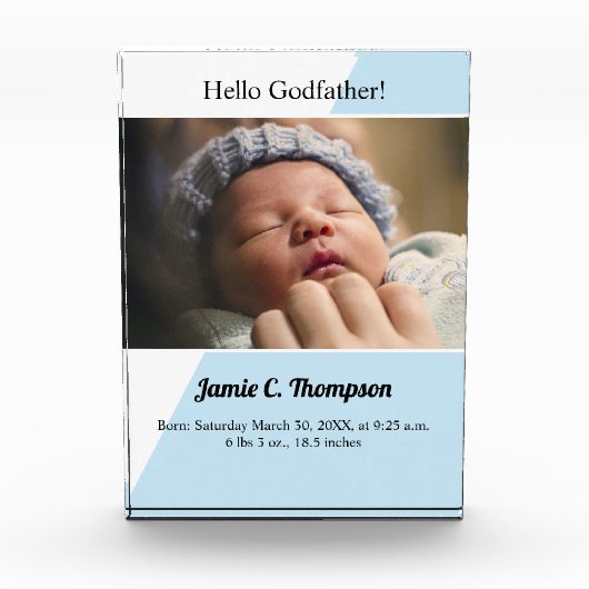 ブルーモダン私のゴッドファーザーのバプテスマになるベビー フォトブロック (正面)