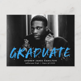 ブルーモダン絵を描（ばちゃばちゃ）跳ねる写真卒業パーティー インビテーションポストカード