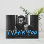 ブルーモダン絵を描(ばちゃばちゃ)跳ねる写真卒業 サンキューカード (スタンド正面)