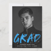 ブルーモダン絵を描（ばちゃばちゃ）跳ねる写真卒業 案内状 (正面)