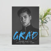 ブルーモダン絵を描（ばちゃばちゃ）跳ねる写真卒業 案内状 (スタンド正面)