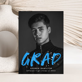 ブルーモダン絵を描（ばちゃばちゃ）跳ねる写真卒業 案内状