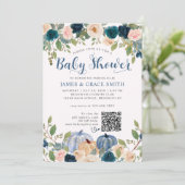 ブルーモダン赤面ピンクフローラカボチャ赤ちゃんシャワー 招待状 (スタンド正面)