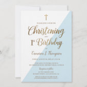 ブルーモダン金ゴールドの第1誕生日《キリスト教》洗礼式や命名式 招待状 (正面)