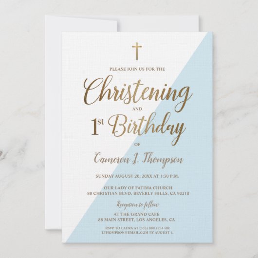 ブルーモダン金ゴールドの第1誕生日《キリスト教》洗礼式や命名式 招待状 (正面)