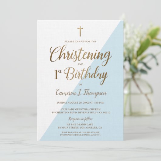 ブルーモダン金ゴールドの第1誕生日《キリスト教》洗礼式や命名式 招待状 (スタンド正面)