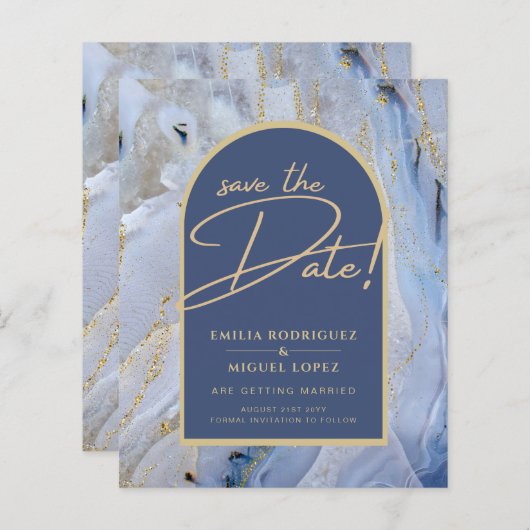 ブルーモダン金ゴールドアゲートマーブルアー結婚チズ (正面/裏面)