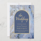 ブルーモダン金ゴールドアゲートマーブルアー結婚チズ 招待状 (正面)