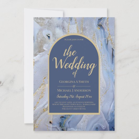 ブルーモダン金ゴールドアゲートマーブルアー結婚チズ 招待状 (正面)