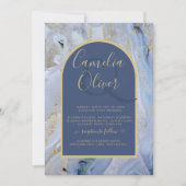 ブルーモダン金ゴールドアゲートマーブルアー結婚チズ 招待状 (正面)