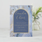 ブルーモダン金ゴールドアゲートマーブルアー結婚チズ 招待状 (スタンド正面)