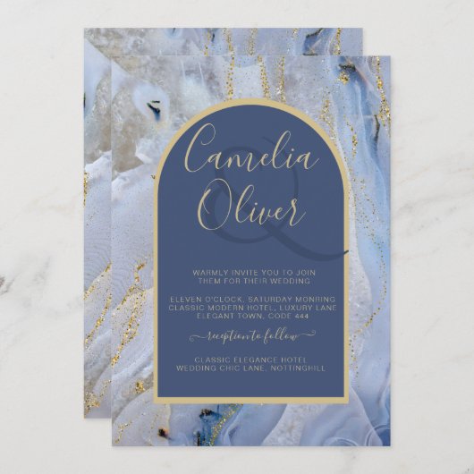 ブルーモダン金ゴールドアゲートマーブルアー結婚チズ 招待状 (正面/裏面)
