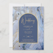 ブルーモダン金ゴールドアゲートマーブルアー結婚チズ 招待状 (正面)