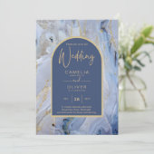 ブルーモダン金ゴールドアゲートマーブルアー結婚チズ 招待状 (スタンド正面)