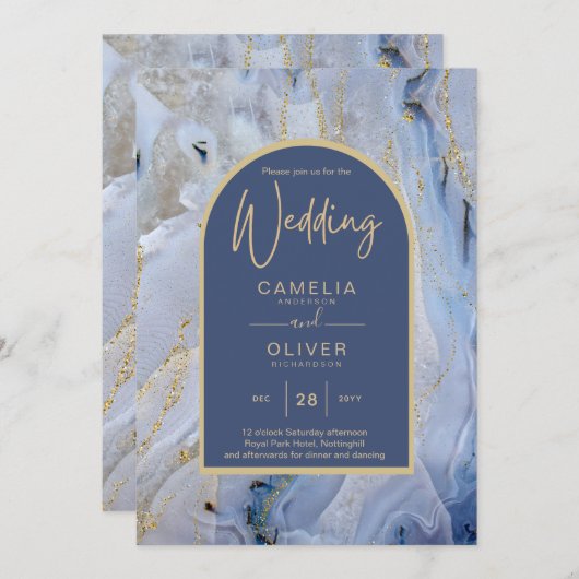 ブルーモダン金ゴールドアゲートマーブルアー結婚チズ 招待状 (正面/裏面)