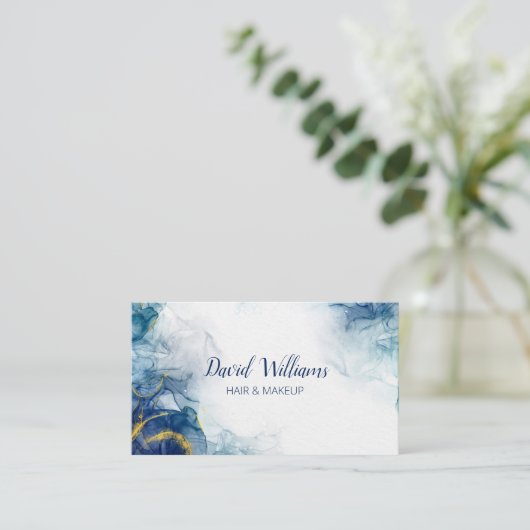 ブルーモダン金ゴールドアートリキッドウォーター色 名刺 (スタンド正面)