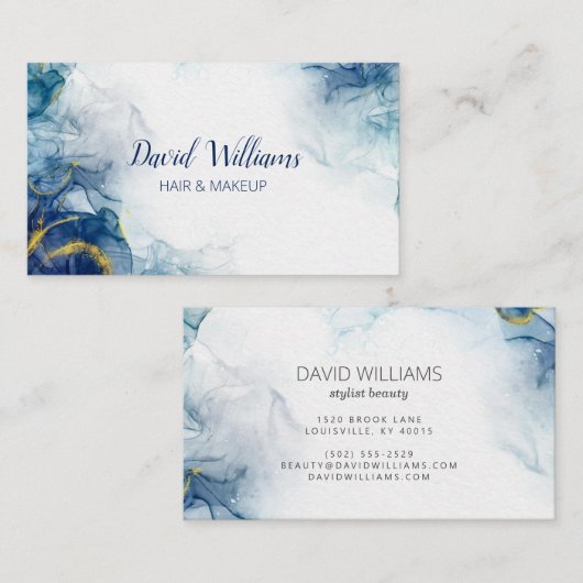 ブルーモダン金ゴールドアートリキッドウォーター色 名刺 (正面/裏面)