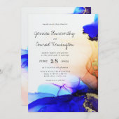 ブルーモダン金ゴールドオレンジアルコールインクズ結婚ーズ 招待状 (正面/裏面)