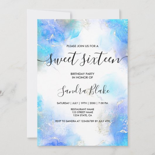 ブルーモダン金ゴールドガーリートレンディースウィート16招待状 招待状 (正面)