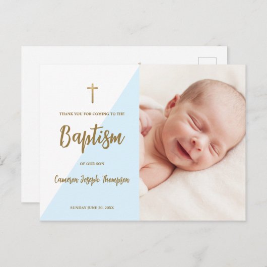 ブルーモダン金ゴールドクロスカスタム男の赤ちゃんバプテスマ ポストカード (正面/裏面)