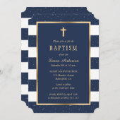 ブルーモダン金ゴールドクロススターズボーイバプテスマ 招待状 (正面/裏面)