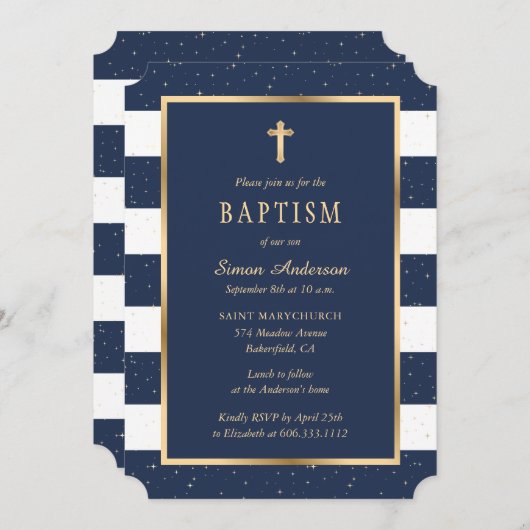 ブルーモダン金ゴールドクロススターズボーイバプテスマ 招待状 (正面/裏面)