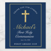 ブルーモダン金ゴールドクロスボーイズ第1聖餐式へようこそ ワインラベル (シングルラベル)