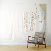 ブルーモダン金ゴールドクロスボーイ《キリスト教》洗礼式や命名式 タペストリー (インサイチュ(横))