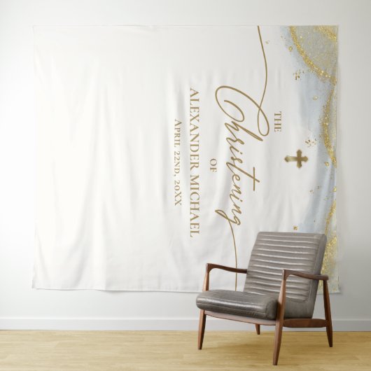ブルーモダン金ゴールドクロスボーイ《キリスト教》洗礼式や命名式 タペストリー (インサイチュ(横))