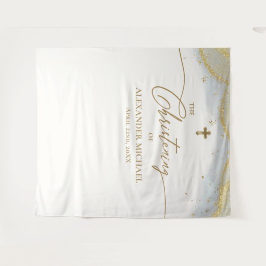 ブルーモダン金ゴールドクロスボーイ《キリスト教》洗礼式や命名式 タペストリー (正面(横))