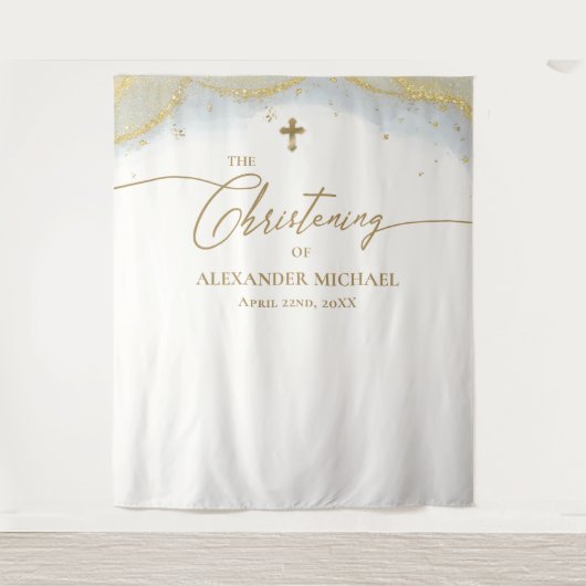 ブルーモダン金ゴールドクロスボーイ《キリスト教》洗礼式や命名式 タペストリー (正面)