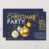 ブルーモダン金ゴールドグリッターオーナメントクリスマスパーティー 招待状 (正面/裏面)