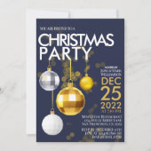 ブルーモダン金ゴールドグリッターオーナメントクリスマスパーティー 招待状 (正面)