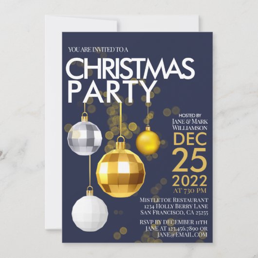 ブルーモダン金ゴールドグリッターオーナメントクリスマスパーティー 招待状 (正面)