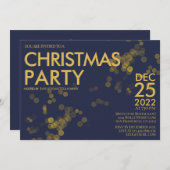 ブルーモダン金ゴールドグリッター紙吹雪クリスマスパーティー 招待状 (正面/裏面)