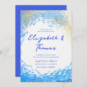 ブルーモダン金ゴールドサーファー波エレガントビーチ結婚式 招待状 (正面/裏面)