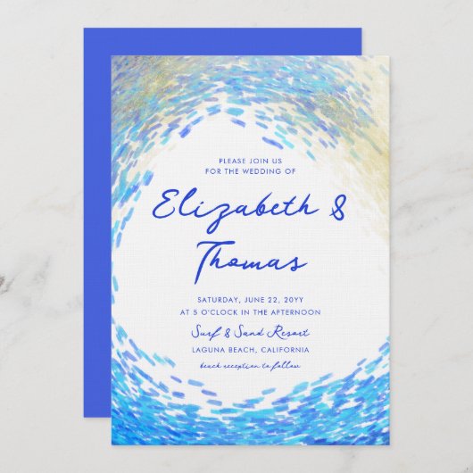 ブルーモダン金ゴールドサーファー波エレガントビーチ結婚式 招待状 (正面/裏面)
