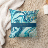 ブルーモダン金ゴールドシック大理石アゲートモノグラム名 クッション (ブランケット)
