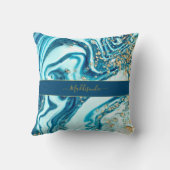 ブルーモダン金ゴールドシック大理石アゲートモノグラム名 クッション (裏面)