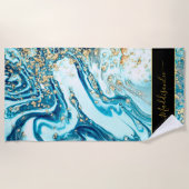 ブルーモダン金ゴールドシック大理石アゲートモノグラム名 ビーチタオル (正面)